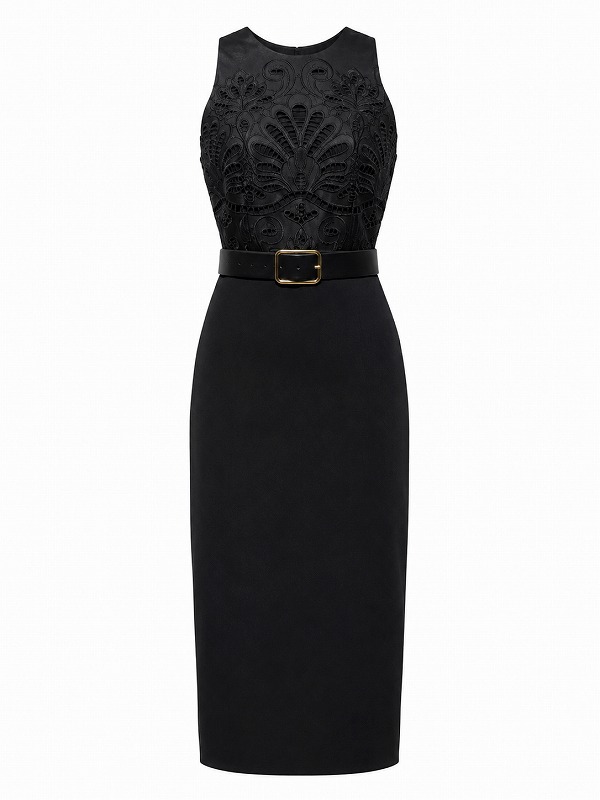【新品DRESS 1903】刺繍レースベルト付きマニッシュタイトミディアムドレス ブラック【KAREN MILLEN】